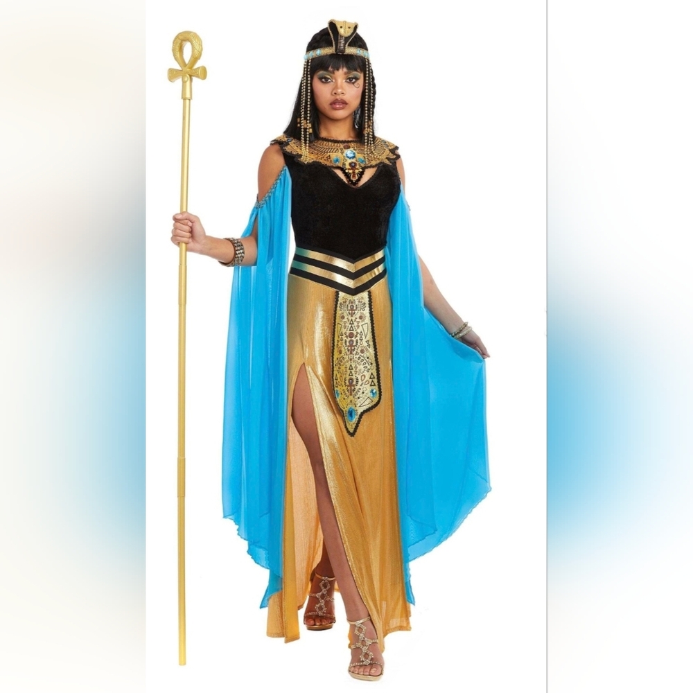 DREAMGIRL: Egyptian Queen Costume with Blue Trim and Gold Accents: Medium.